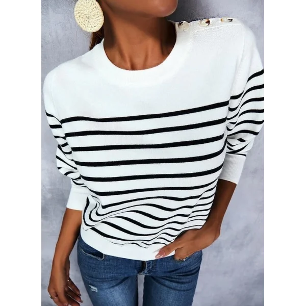 Kadın Uzun Kollu Omuzu Düğme Detay çizgili Triko Kazak