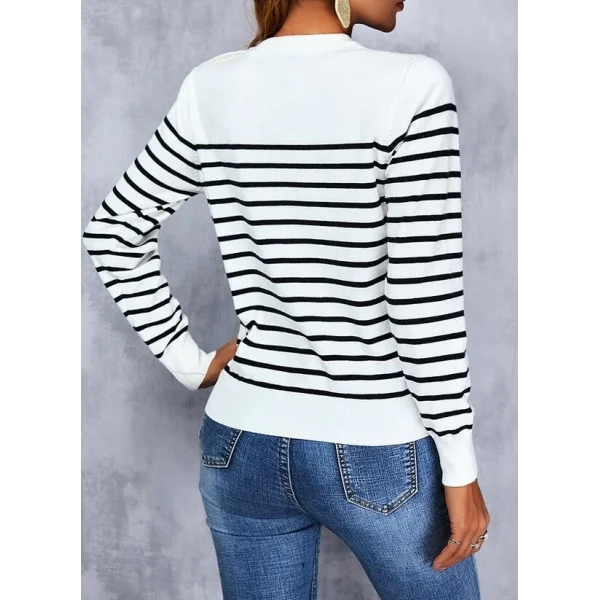 Kadın Uzun Kollu Omuzu Düğme Detay çizgili Triko Kazak