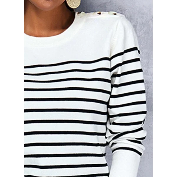 Kadın Uzun Kollu Omuzu Düğme Detay çizgili Triko Kazak