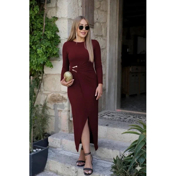 Kadın Uzun Kollu önden çapraz Detaylı Yandan Toka Detaylı Uzun Sandy Elbise