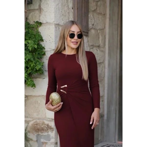 Kadın Uzun Kollu önden çapraz Detaylı Yandan Toka Detaylı Uzun Sandy Elbise