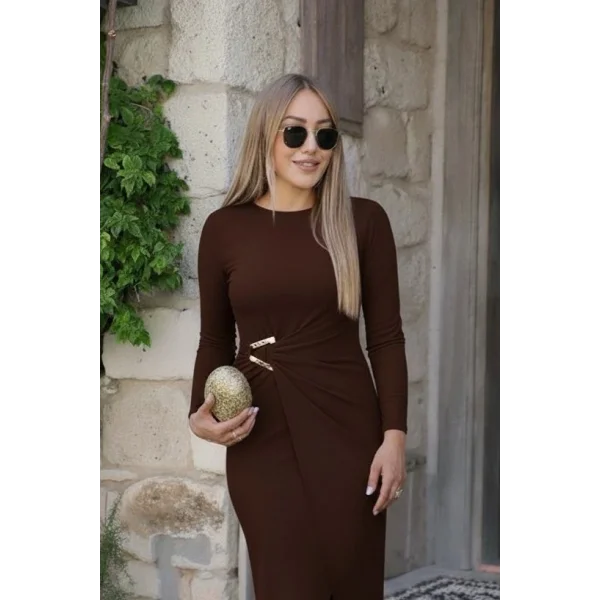 Kadın Uzun Kollu önden çapraz Detaylı Yandan Toka Detaylı Uzun Sandy Elbise