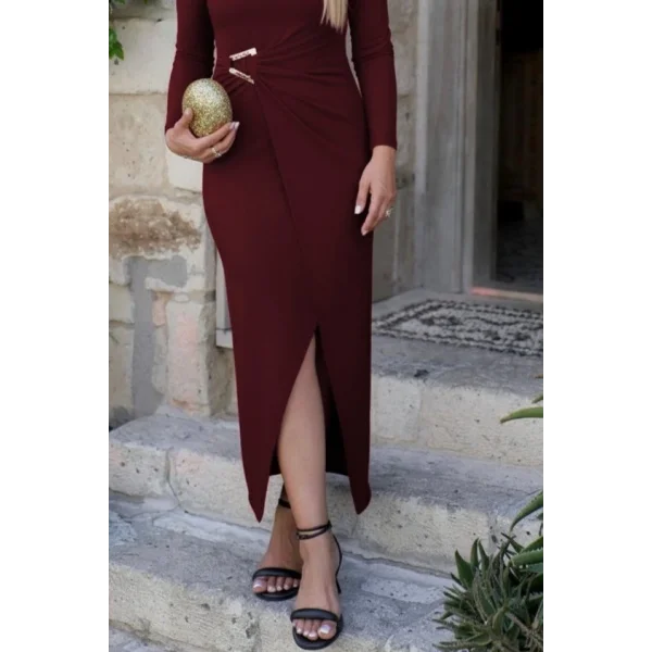 Kadın Uzun Kollu önden çapraz Detaylı Yandan Toka Detaylı Uzun Sandy Elbise