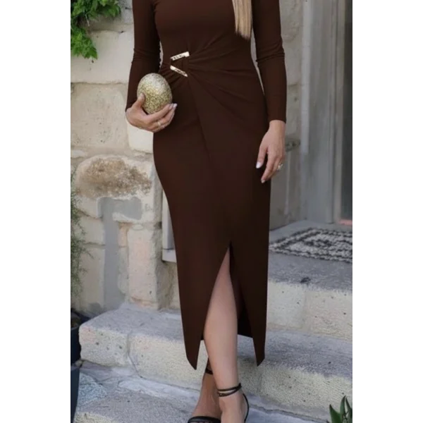 Kadın Uzun Kollu önden çapraz Detaylı Yandan Toka Detaylı Uzun Sandy Elbise