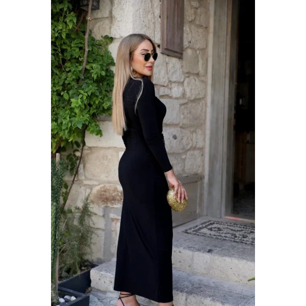 Kadın Uzun Kollu önden çapraz Detaylı Yandan Toka Detaylı Uzun Sandy Elbise