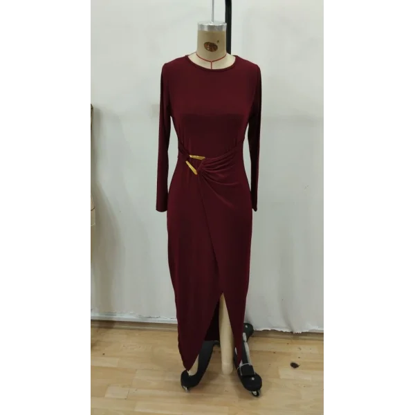 Kadın Uzun Kollu önden çapraz Detaylı Yandan Toka Detaylı Uzun Sandy Elbise