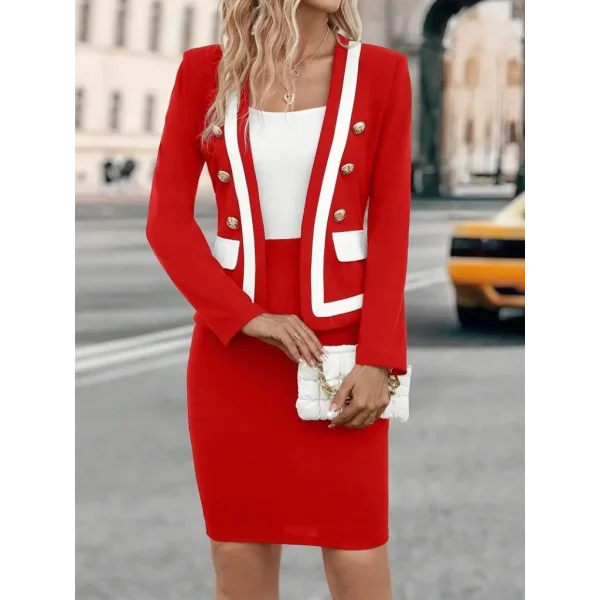 Kadın Uzun Kollu önden Düğmeli Atlas Ceket Ve Yüksek Bel Kısa Etek Ikili Takım