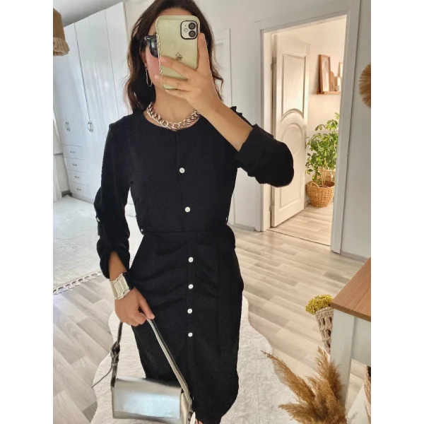 Kadın Uzun Kollu önden Düğmeli Beli Kuşaklı Aerobin Midi Elbise