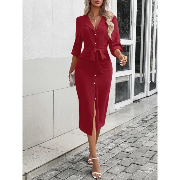 Kadın Uzun Kollu önden Düğmeli Beli Kuşaklı Aerobin Midi Elbise