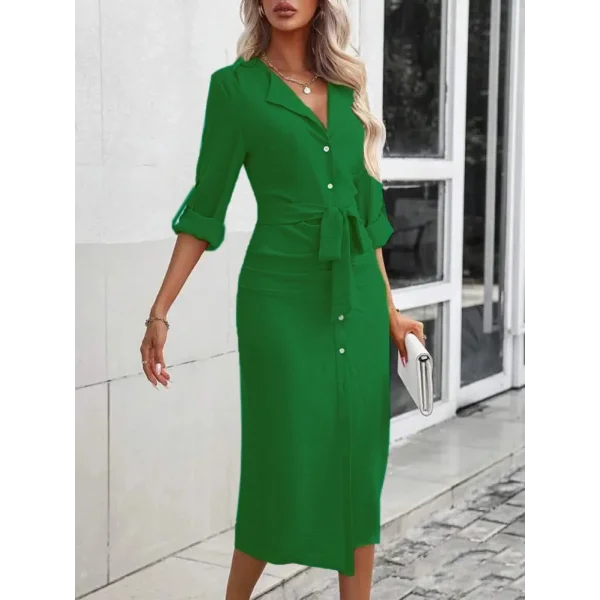 Kadın Uzun Kollu önden Düğmeli Beli Kuşaklı Aerobin Midi Elbise