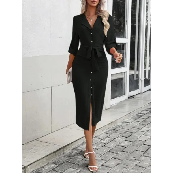 Kadın Uzun Kollu önden Düğmeli Beli Kuşaklı Aerobin Midi Elbise