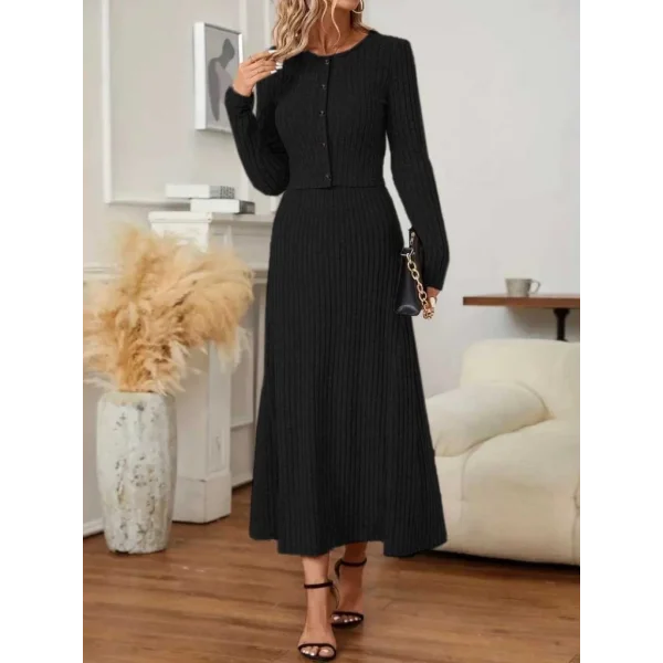 Kadın Uzun Kollu önden Düğmeli Bluz Ve Yüksek Bel A Kesim Uzun Etek şardonlu Kaşkorse Ikili Takım