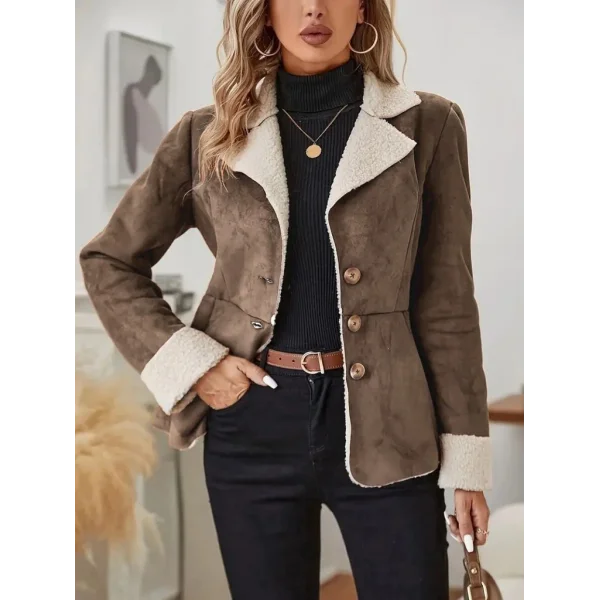Kadın Uzun Kollu önden Düğmeli Cep Detaylı Kısa Süet Ceket