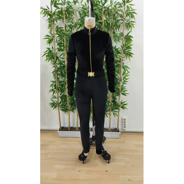 Kadın Uzun Kollu önden Fermuar Detaylı Kemerli Kadife Tulum