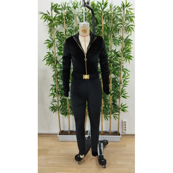 Kadın Uzun Kollu önden Fermuar Detaylı Kemerli Kadife Tulum