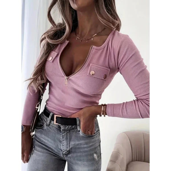 Kadın Uzun Kollu önden Fermuar Ve Cepli Kaşkorse Bluz