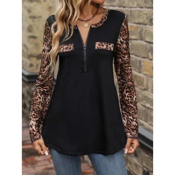 Kadın Uzun Kollu önden Fermuarlı Cepli Leopar Detaylı Viskon