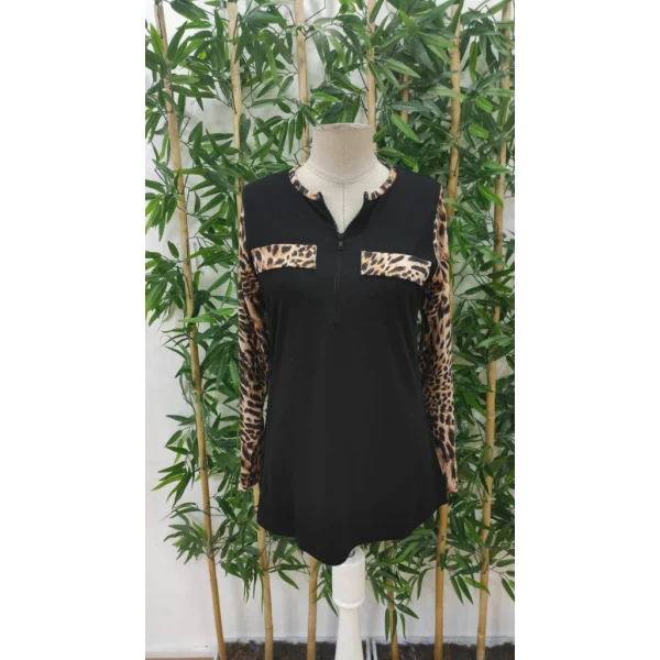 Kadın Uzun Kollu önden Fermuarlı Cepli Leopar Detaylı Viskon