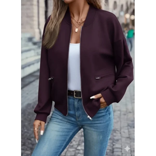 Kadın Uzun Kollu önden Fermuarlı Cepli Modal Mürdüm Ceket