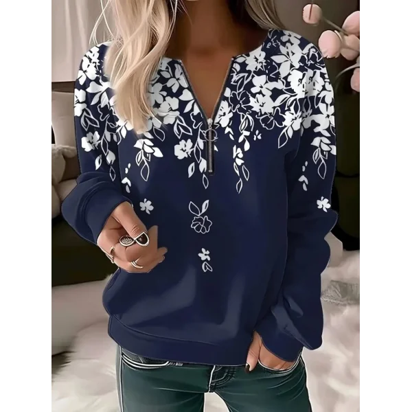 Kadın Uzun Kollu önden Fermuarlı çiçek Desenli şardonlu Dalgıç Bluz