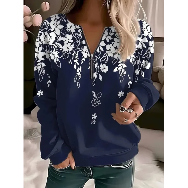 Kadın Uzun Kollu önden Fermuarlı çiçek Desenli şardonlu Dalgıç Bluz