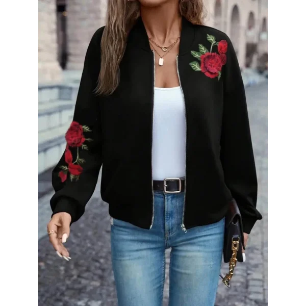 Kadın Uzun Kollu önden Fermuarlı çiçek Nakış Figürlü üç Iplik Ceket
