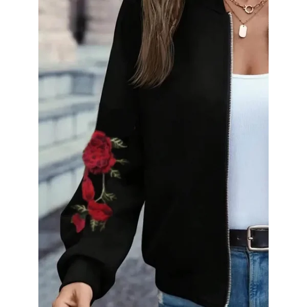Kadın Uzun Kollu önden Fermuarlı çiçek Nakış Figürlü üç Iplik Ceket
