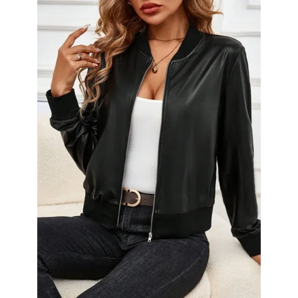 Kadın Uzun Kollu önden Fermuarlı Deri Kısa Ceket