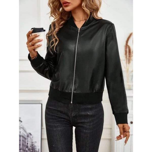 Kadın Uzun Kollu önden Fermuarlı Deri Kısa Ceket