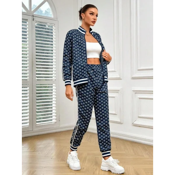 Kadın Uzun Kollu önden Fermuarlı Desenli Iki Iplik Bluz Ve Pantolon Ikili Takım