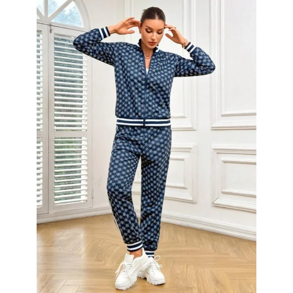 Kadın Uzun Kollu önden Fermuarlı Desenli Iki Iplik Bluz Ve Pantolon Ikili Takım