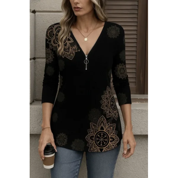 Kadın Uzun Kollu önden Fermuarlı Desenli Süprem Bluz