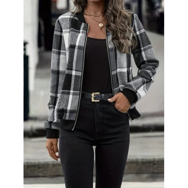 Kadın Uzun Kollu önden Fermuarlı Ekose Desenli Ceket