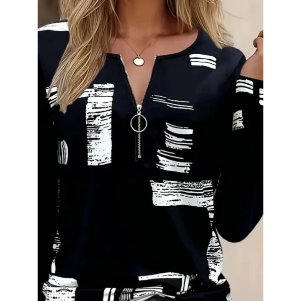 Kadın Uzun Kollu önden Fermuarlı Geometrik Desenli Süprem Bluz