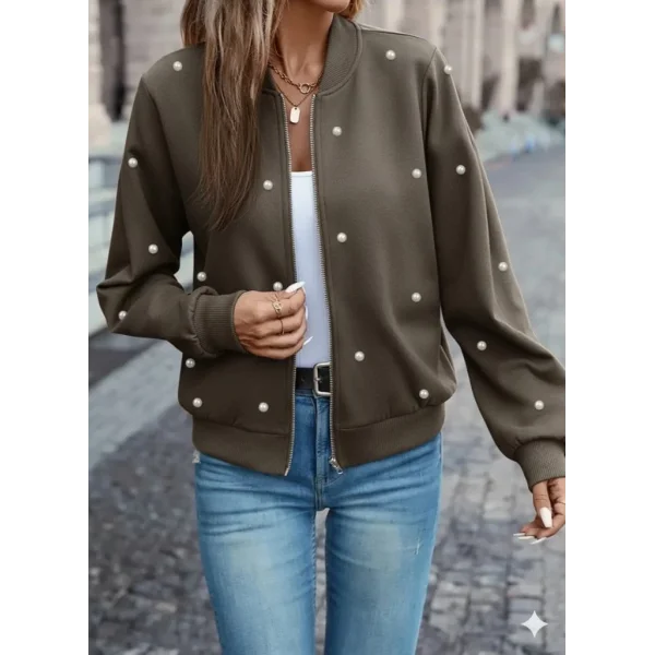 Kadın Uzun Kollu önden Fermuarlı Incili Kısa Modal Ceket