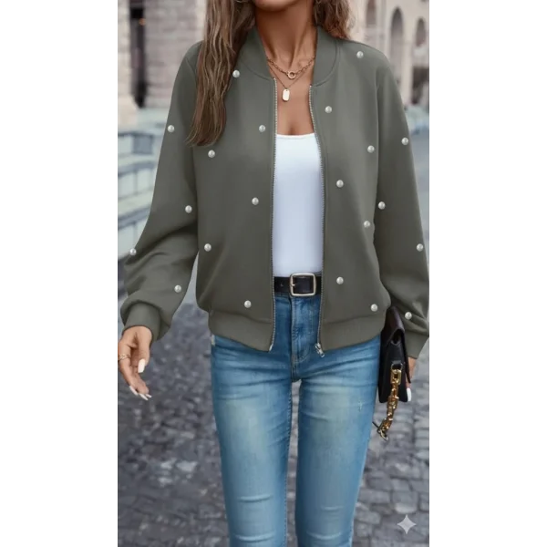 Kadın Uzun Kollu önden Fermuarlı Incili Kısa Modal Ceket