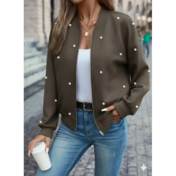 Kadın Uzun Kollu önden Fermuarlı Incili Kısa Modal Ceket
