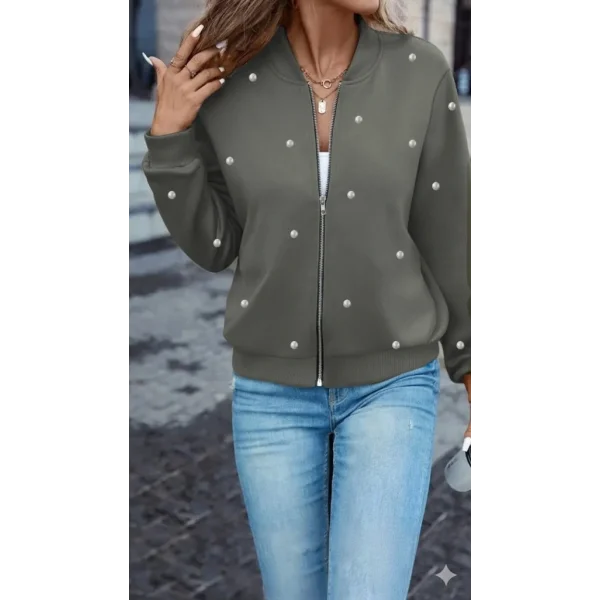 Kadın Uzun Kollu önden Fermuarlı Incili Kısa Modal Ceket