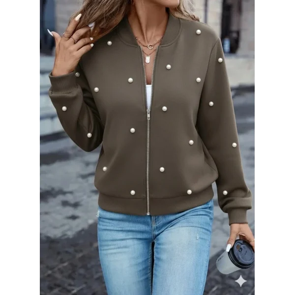 Kadın Uzun Kollu önden Fermuarlı Incili Kısa Modal Ceket