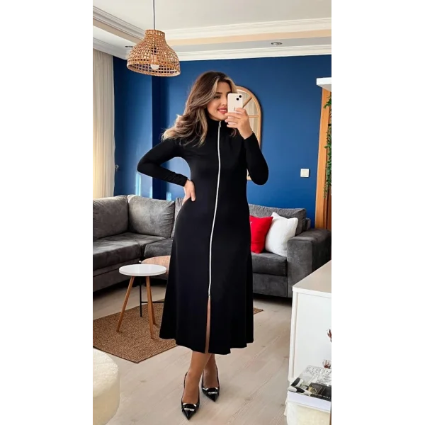 Kadın Uzun Kollu önden Fermuarlı Ithal Krep Elbise