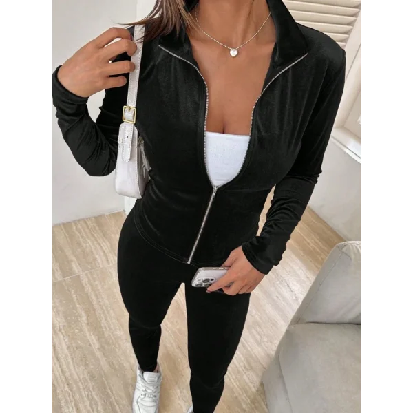 Kadın Uzun Kollu önden Fermuarlı Kadife Bluz Ve Pantolon Ikili Takım