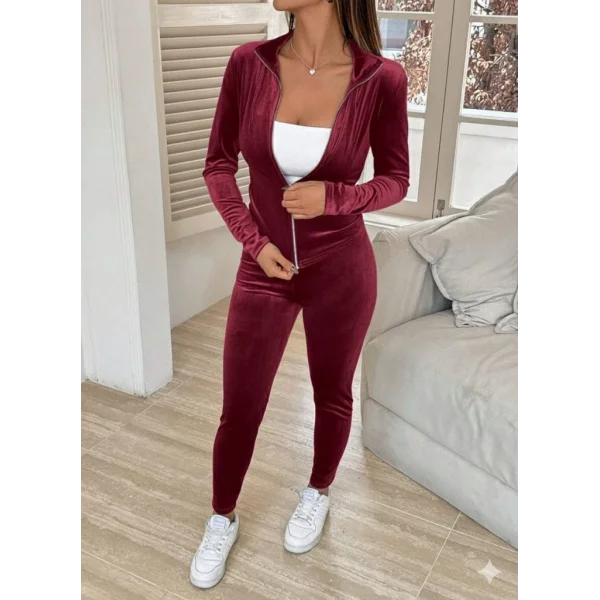 Kadın Uzun Kollu önden Fermuarlı Kadife Bluz Ve Pantolon Ikili Takım