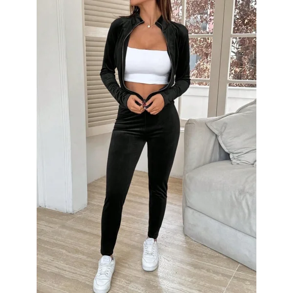 Kadın Uzun Kollu önden Fermuarlı Kadife Bluz Ve Pantolon Ikili Takım