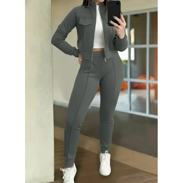 Kadın Uzun Kollu önden Fermuarlı Kısa Modal Ceket Ve Pantolon Ikili Takım