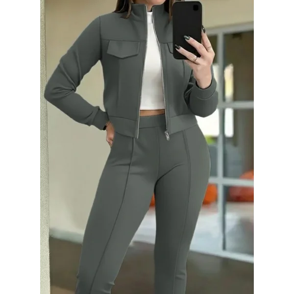 Kadın Uzun Kollu önden Fermuarlı Kısa Modal Ceket Ve Pantolon Ikili Takım