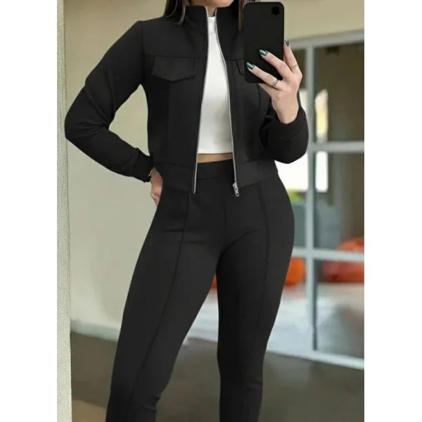 Kadın Uzun Kollu önden Fermuarlı Kısa Modal Ceket Ve Pantolon Ikili Takım