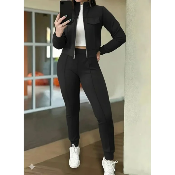 Kadın Uzun Kollu önden Fermuarlı Kısa Modal Ceket Ve Pantolon Ikili Takım