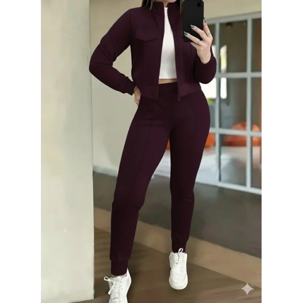 Kadın Uzun Kollu önden Fermuarlı Kısa Modal Mor Ceket Ve Pantolon Ikili Takım