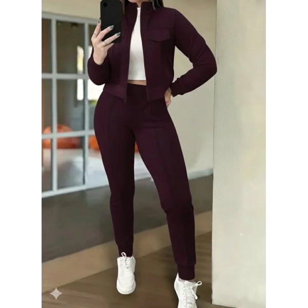 Kadın Uzun Kollu önden Fermuarlı Kısa Modal Mor Ceket Ve Pantolon Ikili Takım