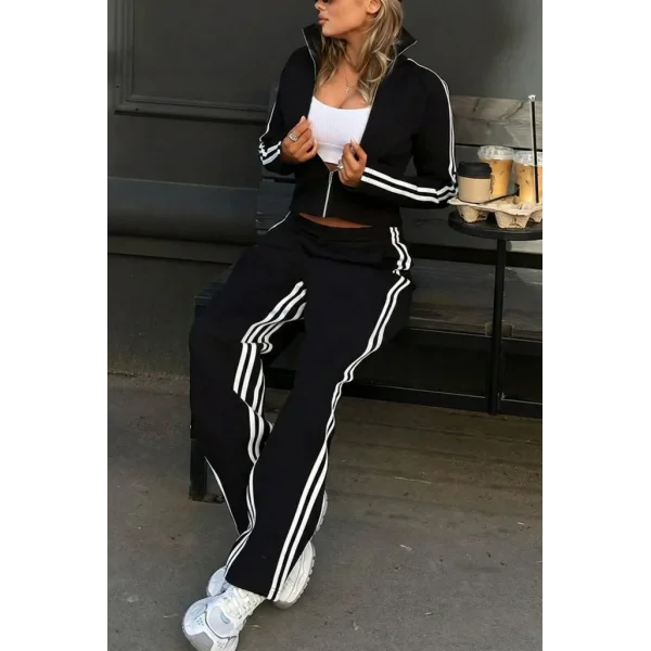 Kadın Uzun Kollu önden Fermuarlı Kısa Viskon Iki Iplik Bluz Ve Pantolon Ikili Takım